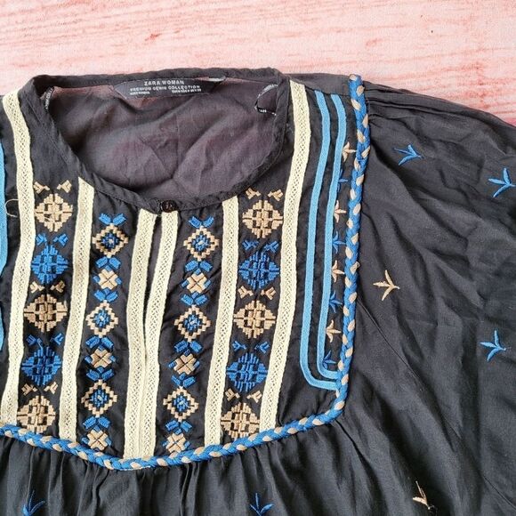 Zara Black Blue Contrast Embroidered Accents Long Sleeve Boho Peasant Blouse M - Picture 8 of 11